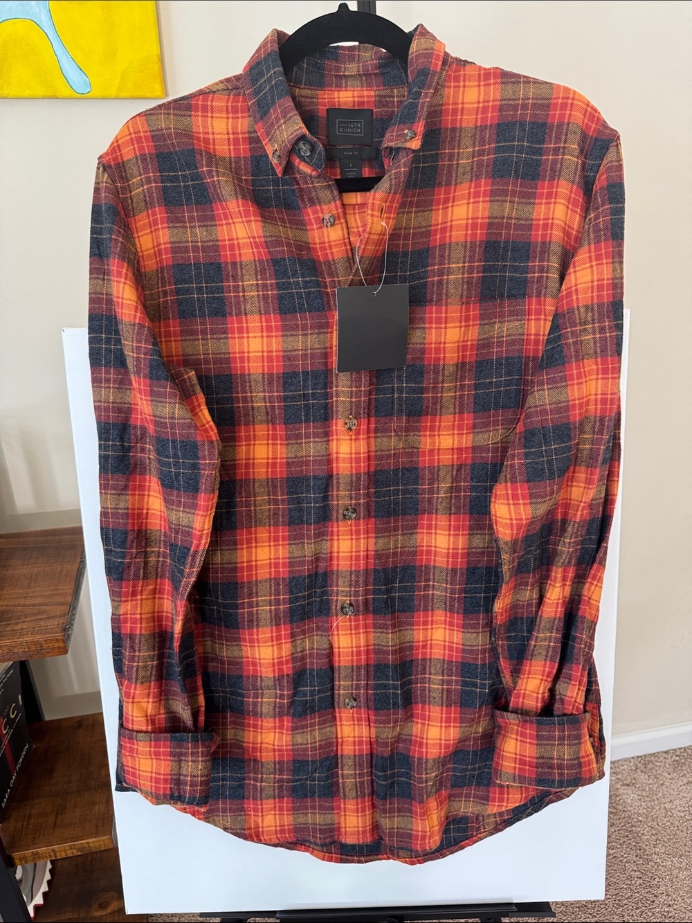 NWT 14th & Union Trim Fit Orange and Black Plaid Button-Down Shirt Size Small